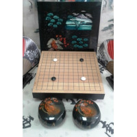 Игра Го. Art-Go в антикварном стиле. Гобан с ножками  13х13, крышка с рисунком , чаши с рисунком "Тигр" .