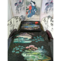 Комплект игры Го. Подарочный набор игры Го с рисунком "Гора Фудзияма и сакура". Гобан 19х19, шкатулка для хранения чаш и чаши с рисунком.